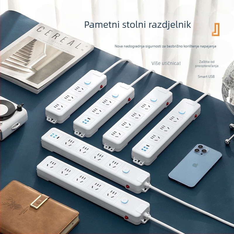Pametni produžni kabel s dugim kabelom i više utičnica, USB punjenje, PD napajanje