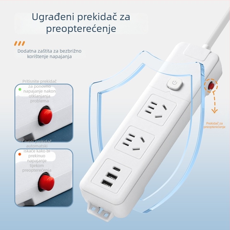 Pametni produžni kabel s dugim kabelom i više utičnica, USB punjenje, PD napajanje