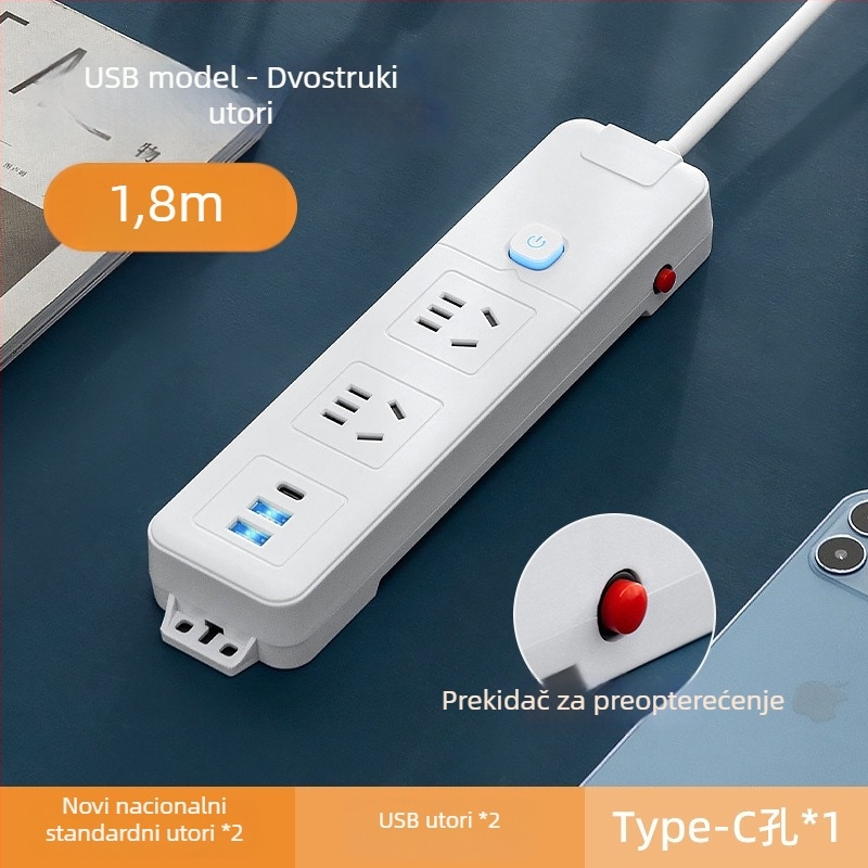 Pametni produžni kabel s dugim kabelom i više utičnica, USB punjenje, PD napajanje