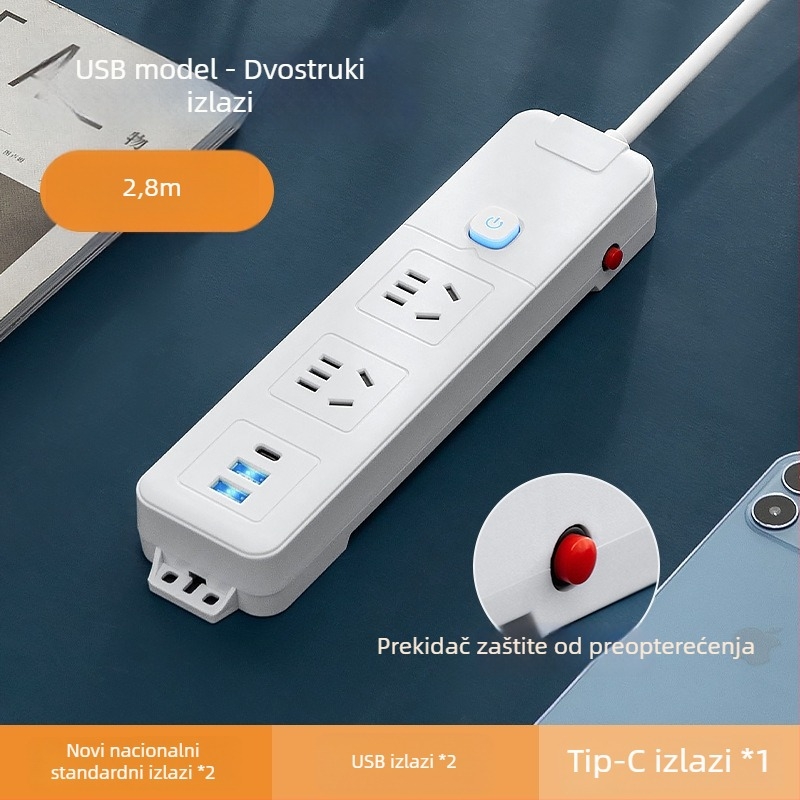 Pametni produžni kabel s dugim kabelom i više utičnica, USB punjenje, PD napajanje