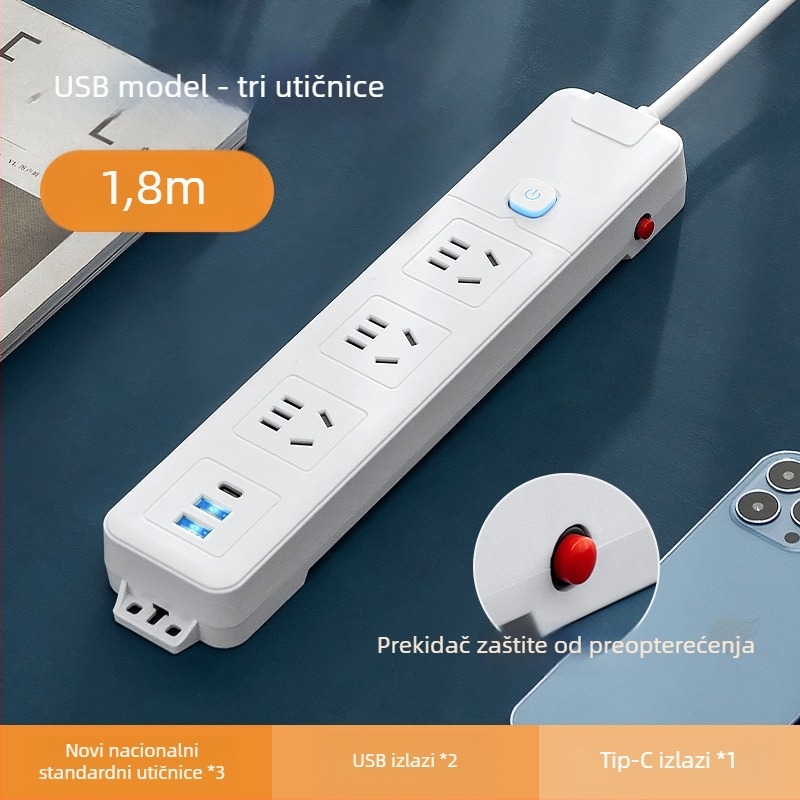 Pametni produžni kabel s dugim kabelom i više utičnica, USB punjenje, PD napajanje