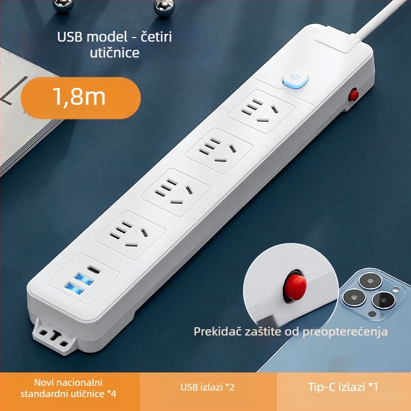Pametni produžni kabel s dugim kabelom i više utičnica, USB punjenje, PD napajanje