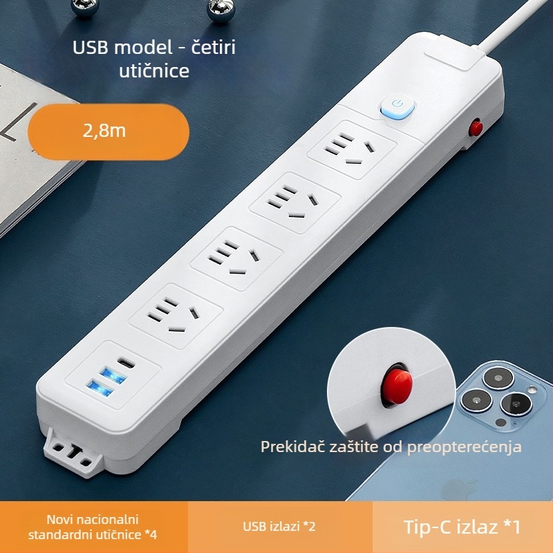 Pametni produžni kabel s dugim kabelom i više utičnica, USB punjenje, PD napajanje