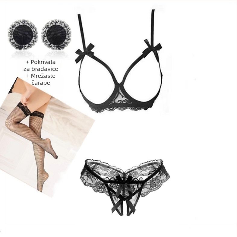 Čipkasti set donjeg rublja s otvorenim preponama, seksi push-up, zavodljiv dizajn, velika veličina