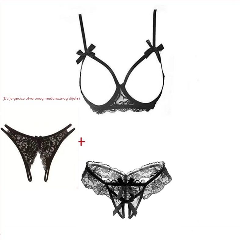 Čipkasti set donjeg rublja s otvorenim preponama, seksi push-up, zavodljiv dizajn, velika veličina