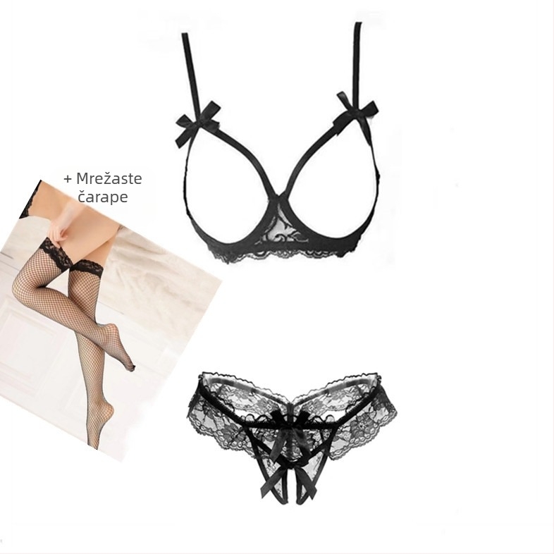 Čipkasti set donjeg rublja s otvorenim preponama, seksi push-up, zavodljiv dizajn, velika veličina