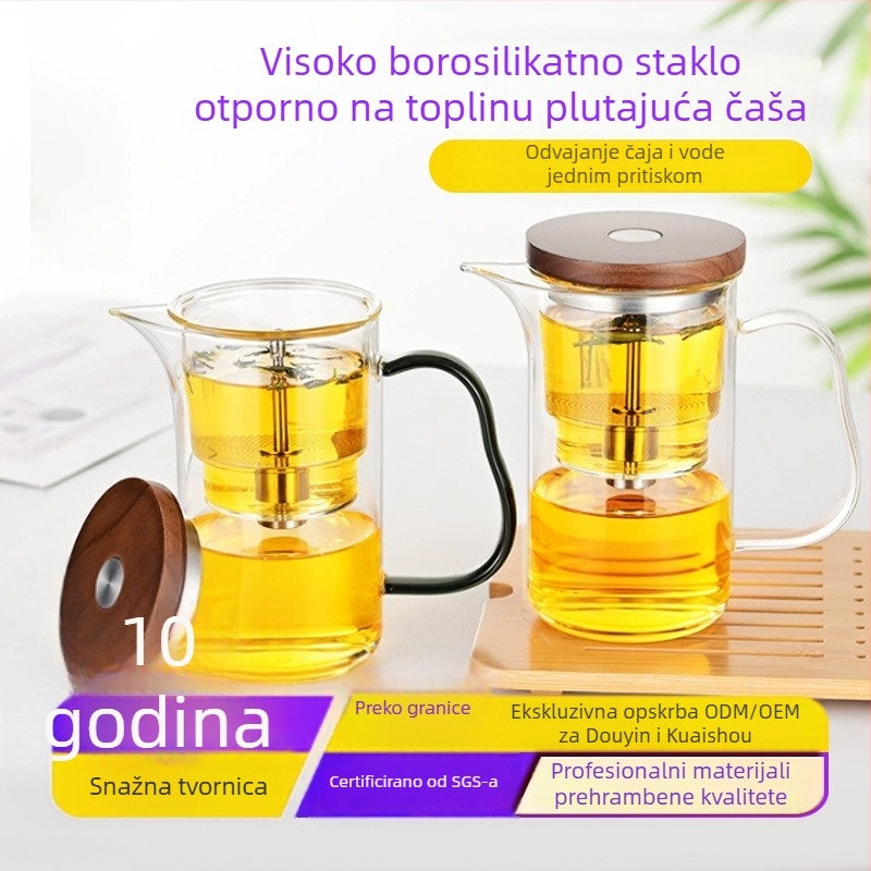 Staklena čajna posuda s odjeljivanjem čaja i vode, toplinski otporan filtr, magnetski infuzor.