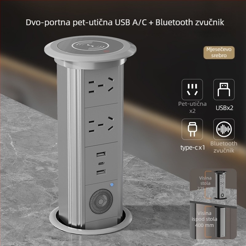 Ugrađeni električni produžni kabel s podesivom visinom za stolnu ploču i otok