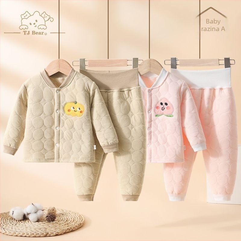 Dvo-djelni termalni set za bebe i djecu – pamučni zimski komplet s gornjim dijelom i hlačama visokog struka za zaštitu trbuha