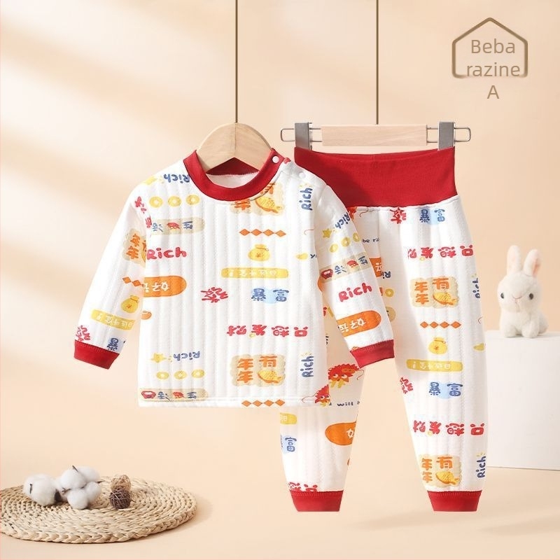Dvo-djelni termalni set za bebe i djecu – pamučni zimski komplet s gornjim dijelom i hlačama visokog struka za zaštitu trbuha