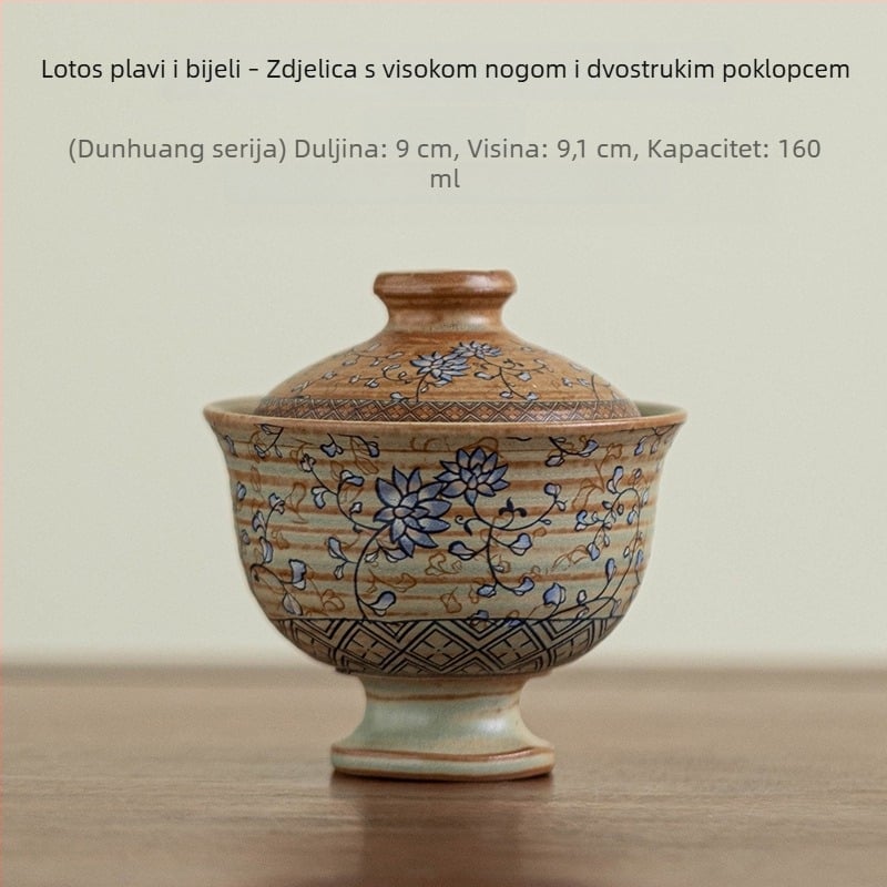 Putni keramički set za čaj s čajnikom i tri šalice – minimalistički, prenosni za vanjsku upotrebu, plavo-bijeli motiv lotosa