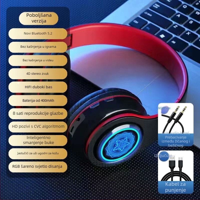 Bluetooth bežične slušalice s LED osvjetljenjem, redukcija buke, za trčanje i sport