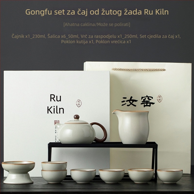 Blue and White Ru Kiln čajni set za dom, Gongfu čajni set s čajnikom i šalicama, vrhunski komplet u darovnoj kutiji, za 6 osoba