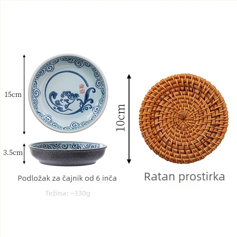 Vintage plavi čajnik s držačem od loofah vlakana i sušilicom, držač za purpurnu glinu čaj, velika podloga od loofah vlakana s posudom vode
