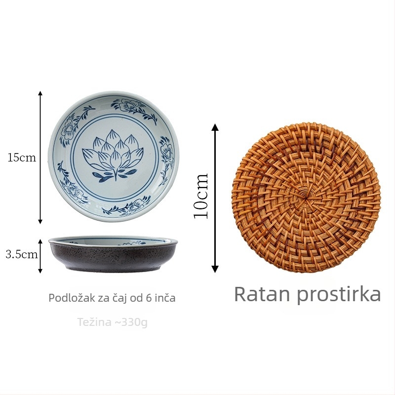 Vintage plavi čajnik s držačem od loofah vlakana i sušilicom, držač za purpurnu glinu čaj, velika podloga od loofah vlakana s posudom vode