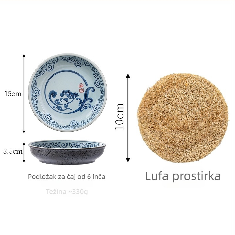 Vintage plavi čajnik s držačem od loofah vlakana i sušilicom, držač za purpurnu glinu čaj, velika podloga od loofah vlakana s posudom vode