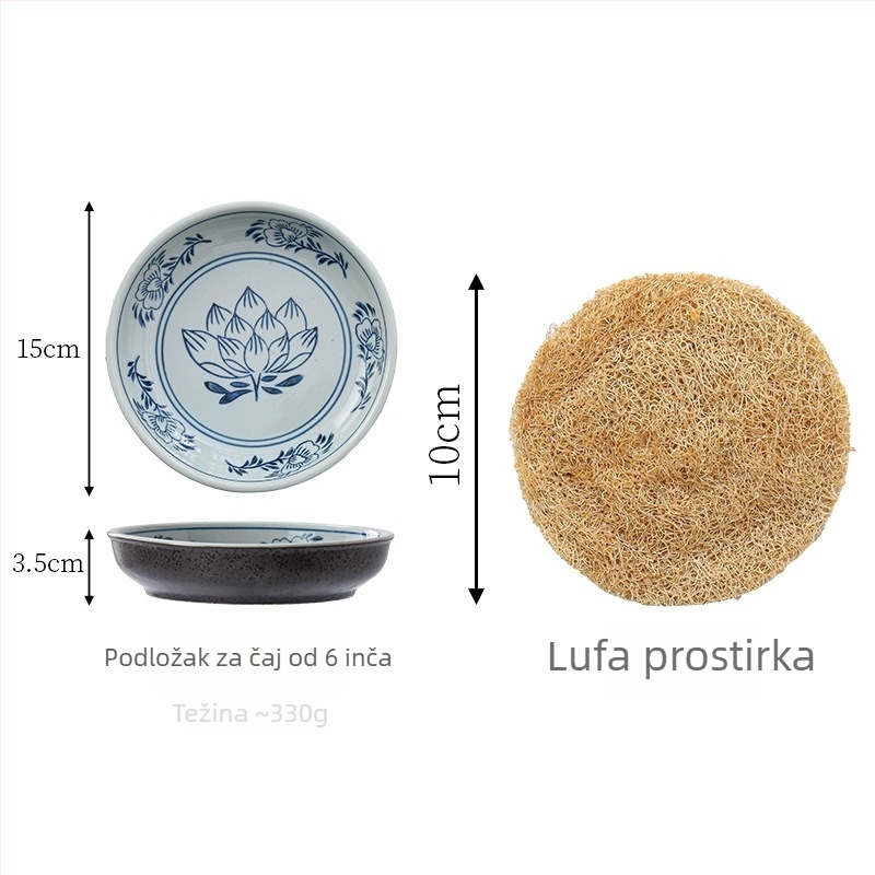 Vintage plavi čajnik s držačem od loofah vlakana i sušilicom, držač za purpurnu glinu čaj, velika podloga od loofah vlakana s posudom vode