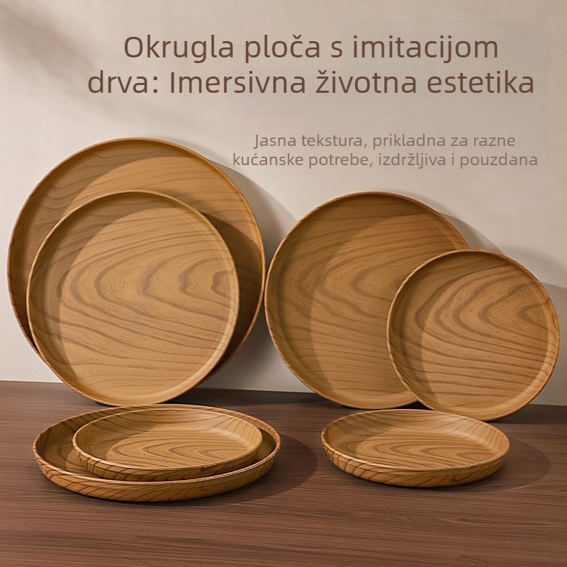 Okrugli plastični pladanj s imitacijom drveta za blagovanje, posluživanje čaja i kave te tanjur za kolače