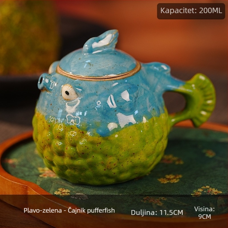Čajnik s motivom Pufferfish i Watermelon, Kung Fu set čaja, jedan čajnik, bijeli porcelan, ručno oslikana uljna slika u keramici