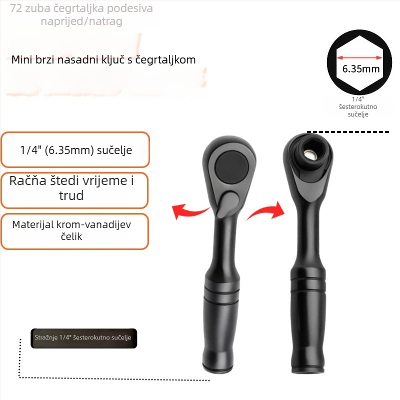 Mini ručni račnič ključ s 72 zuba, za uske prostore, s bitovima za odvijač, 1/4-inch pogon, naprijed i natrag