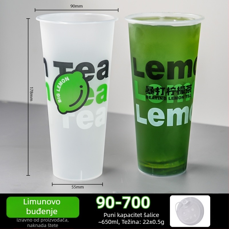 Jednokratna šalica za čaj s mlijekom s poklopcem, promjer 90 mm, mat završetak, injekcijsko oblikovanje, debeli, za komercijalnu upotrebu – čaj od limuna