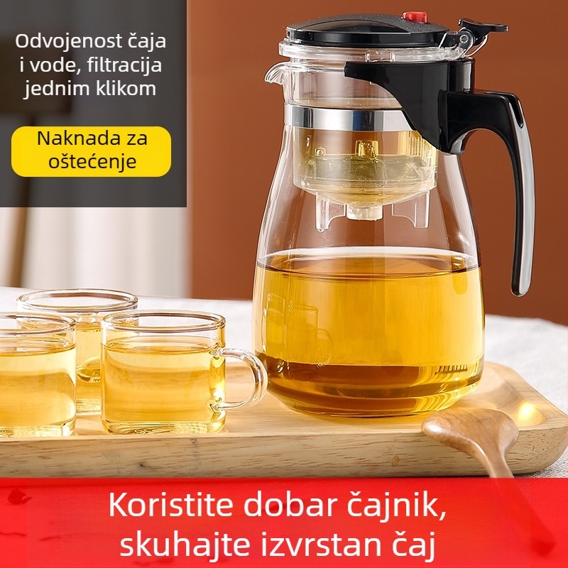 Stakleni čajnik s razdvajanjem vode i filtracijom jednim pritiskom, kapacitet od 500 ml, za kućnu upotrebu.