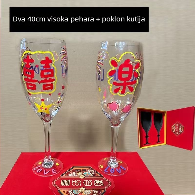 Ogromna svadbena čaša za toast – set od dvije visoke čaše za zaruke, čaj s perlama i crveno vino