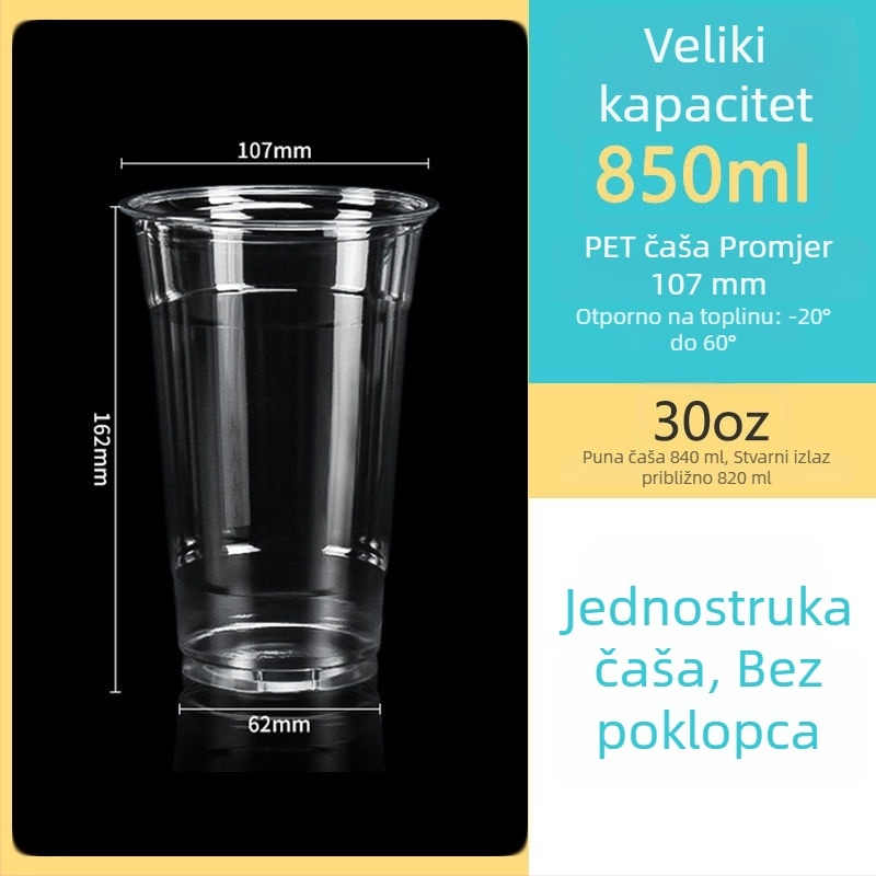 Jednokratna prozirna PET čaša, promjera 107 mm, kapaciteta 1000 ml, pogodna za čaj s mlijekom i voćni čaj.