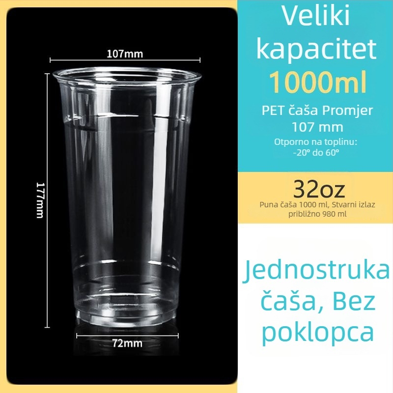 Jednokratna prozirna PET čaša, promjera 107 mm, kapaciteta 1000 ml, pogodna za čaj s mlijekom i voćni čaj.