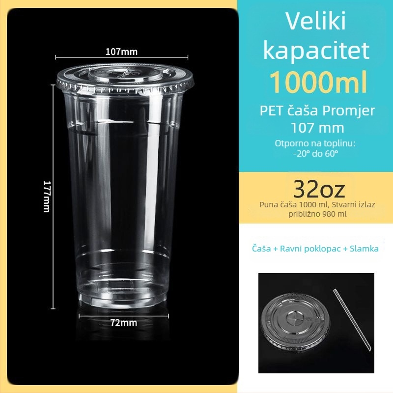 Jednokratna prozirna PET čaša, promjera 107 mm, kapaciteta 1000 ml, pogodna za čaj s mlijekom i voćni čaj.