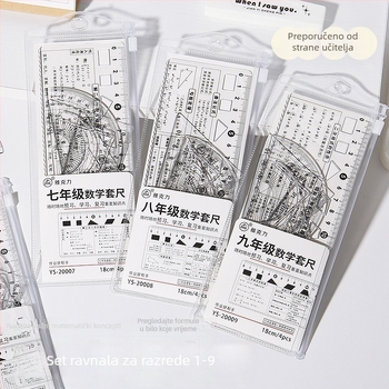 Prozirni set ravnala za geometriju, 18 cm, za učenike, razredi 1–9, višefunkcionalni geometrijski alati