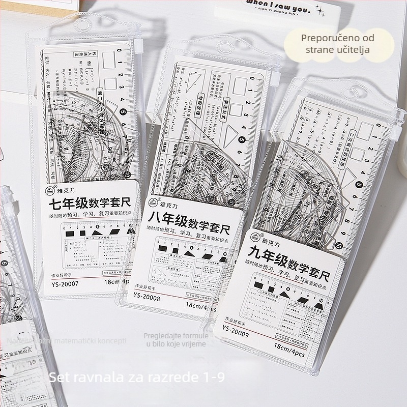 Prozirni set ravnala za geometriju, 18 cm, za učenike, razredi 1–9, višefunkcionalni geometrijski alati