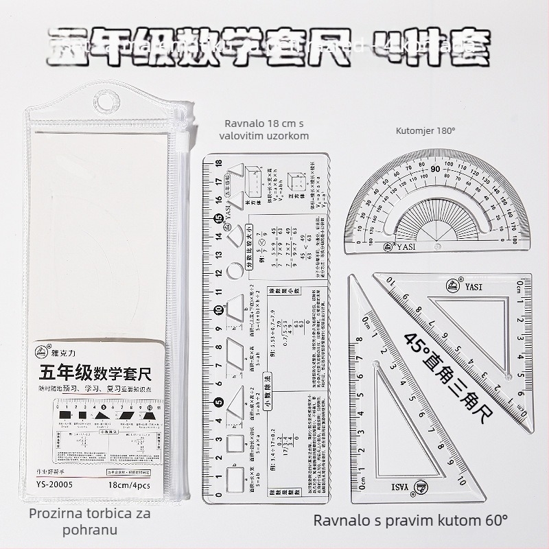 Prozirni set ravnala za geometriju, 18 cm, za učenike, razredi 1–9, višefunkcionalni geometrijski alati