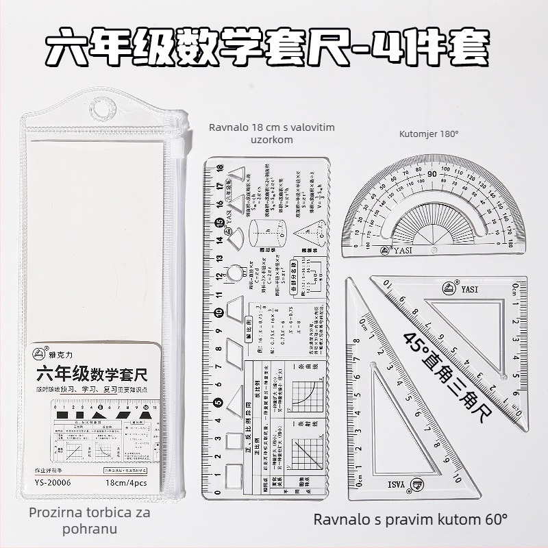 Prozirni set ravnala za geometriju, 18 cm, za učenike, razredi 1–9, višefunkcionalni geometrijski alati