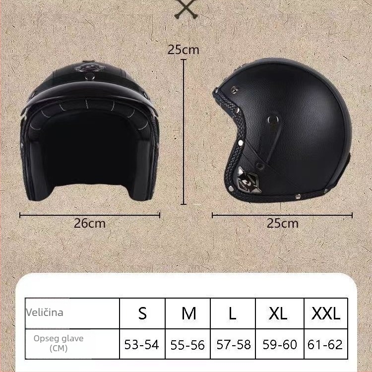 Retro Harley kožna kaciga za sve sezone, 3/4 otvorena kaciga za električne skutere i motocikle, za odrasle