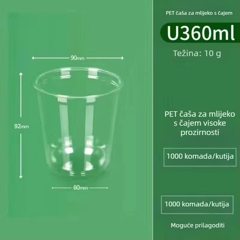 Jednokratna prozirna PET čaša u U obliku, promjera 90 mm, kapaciteta 301–400 ml, za čaj s mlijekom, kavu i hladna pića, za dostavu