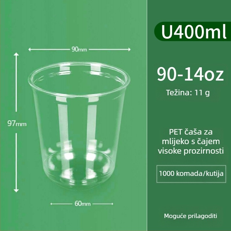 Jednokratna prozirna PET čaša u U obliku, promjera 90 mm, kapaciteta 301–400 ml, za čaj s mlijekom, kavu i hladna pića, za dostavu