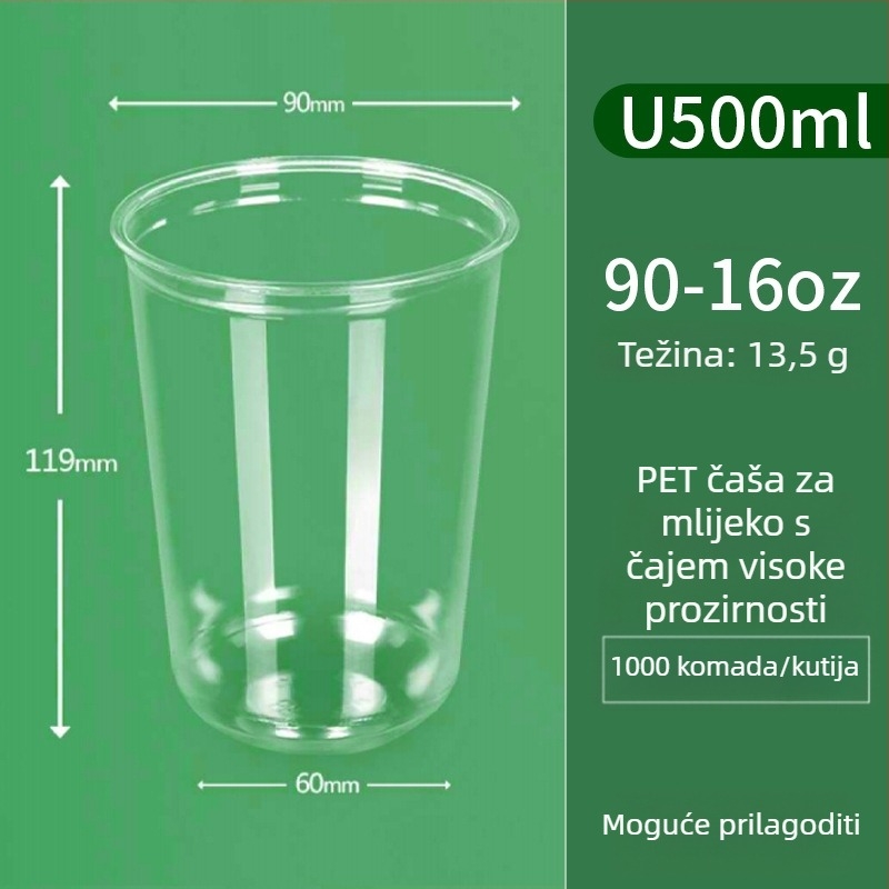 Jednokratna prozirna PET čaša u U obliku, promjera 90 mm, kapaciteta 301–400 ml, za čaj s mlijekom, kavu i hladna pića, za dostavu
