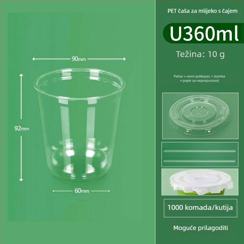 Jednokratna prozirna PET čaša u U obliku, promjera 90 mm, kapaciteta 301–400 ml, za čaj s mlijekom, kavu i hladna pića, za dostavu