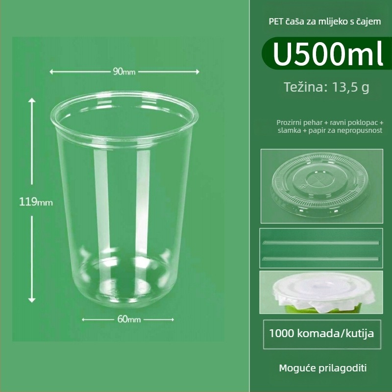 Jednokratna prozirna PET čaša u U obliku, promjera 90 mm, kapaciteta 301–400 ml, za čaj s mlijekom, kavu i hladna pića, za dostavu