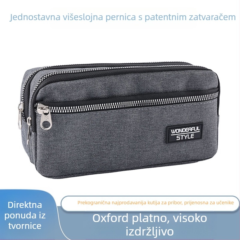 Višeslojna pernica s velikim kapacitetom i pregradama, pogodna za učenike osnovne i srednje škole; prilagodljiva.