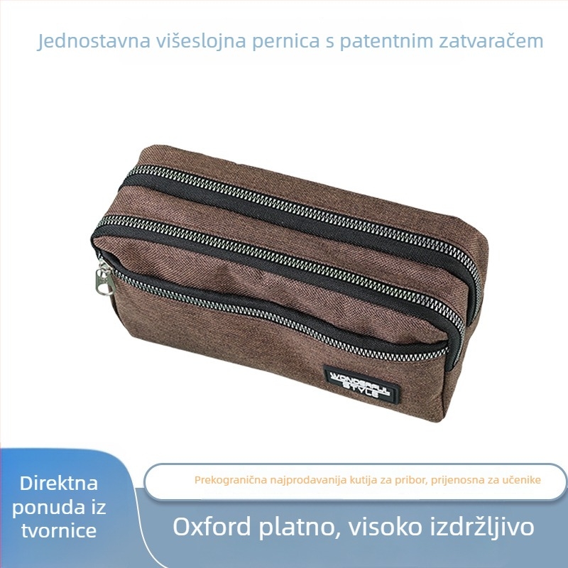 Višeslojna pernica s velikim kapacitetom i pregradama, pogodna za učenike osnovne i srednje škole; prilagodljiva.