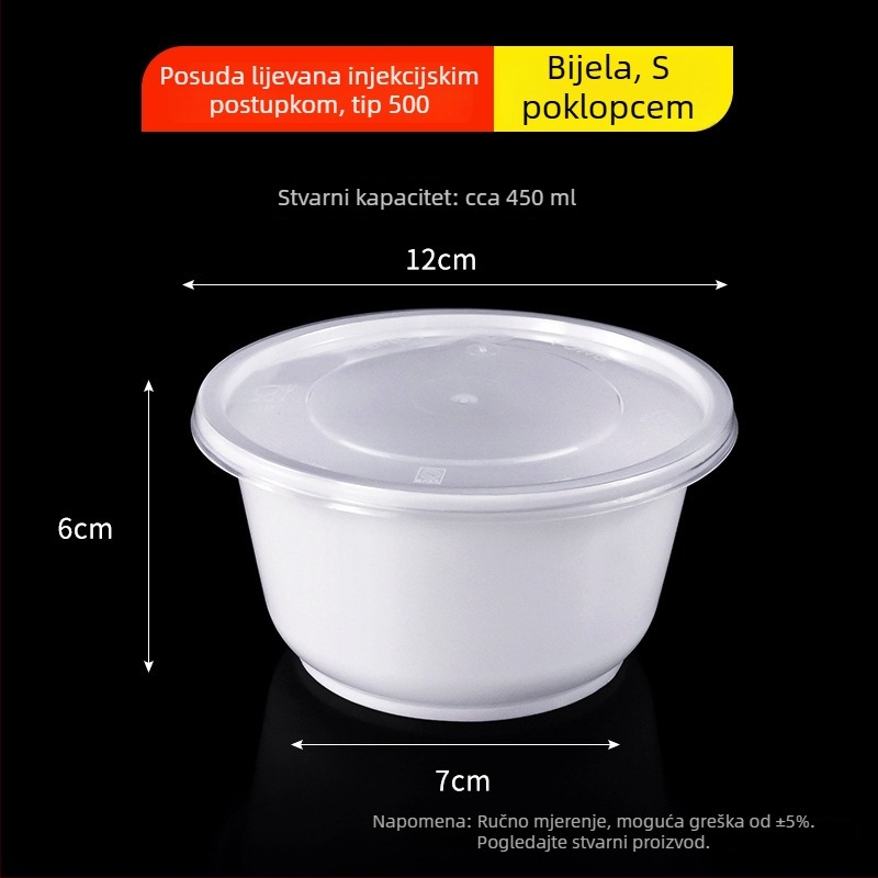 Okrugla jednokratna zdjela od PP, mliječno bijela, prozirna posuda za hranu, injekcijsko oblikovana, 300–900 ml, pogodna za supe i rezance