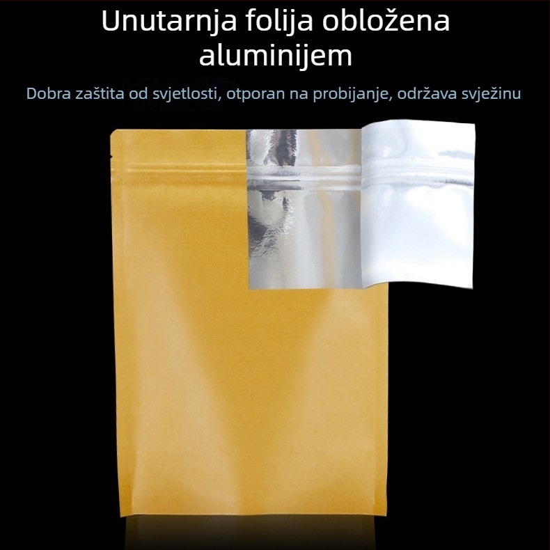 Debele vrećice od aluminijem premazanog kraft papira sa ravnim dnom, vodootporne i otporne na vlagu, za pakiranje hrane i čaja, samouzavirajuće vrećice od kraft papira s aluminijskom folijom