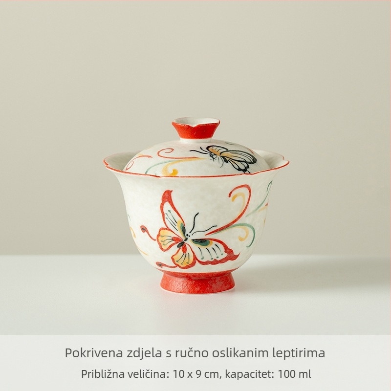 Ručno oslikani keramički čajnik s okruglim trbuhom i motivom perja, poklopac u stilu gaiwana, za kućnu pripremu čaja