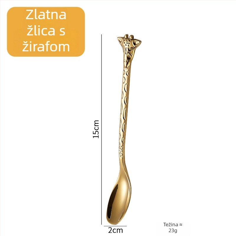 Žličko-forka s ručkom u obliku žirafe, zlatni karikatura dizajn, 304 nehrđajući čelik, za kavu i desert