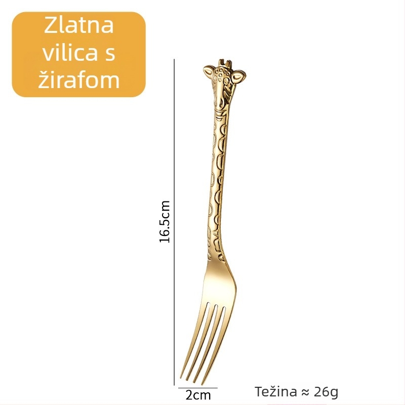 Žličko-forka s ručkom u obliku žirafe, zlatni karikatura dizajn, 304 nehrđajući čelik, za kavu i desert