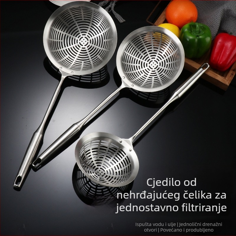 Profesionalna mrežica od 304 nehrđajućeg čelika, perforirana velika glava za tjesteninu i prženje, filtriranje ulja, ručka protiv opeklina.