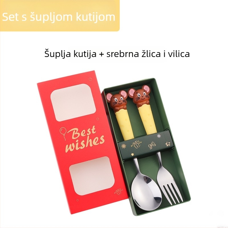Set dječjih pribora od nehrđajućeg čelika s crtićnim motivom miša i voća — žlica za juhu, žlica za jelo, vilica, poklon kutija