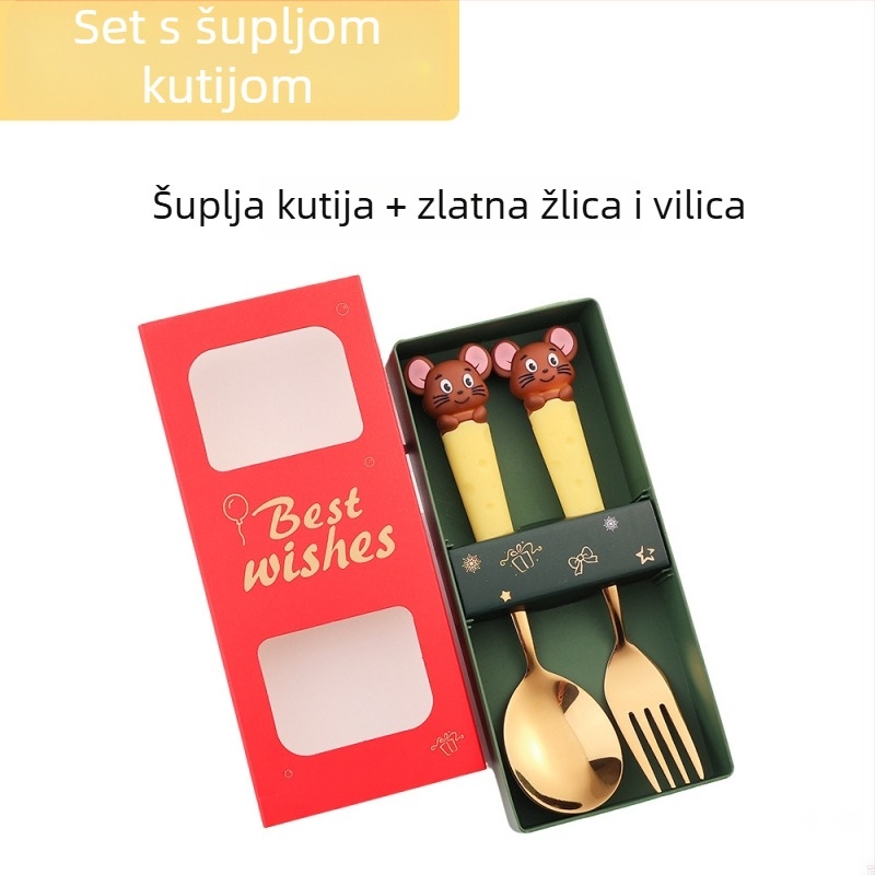 Set dječjih pribora od nehrđajućeg čelika s crtićnim motivom miša i voća — žlica za juhu, žlica za jelo, vilica, poklon kutija